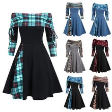 女士秋冬季新款长袖一字肩纯色印花拼接纽扣连衣裙