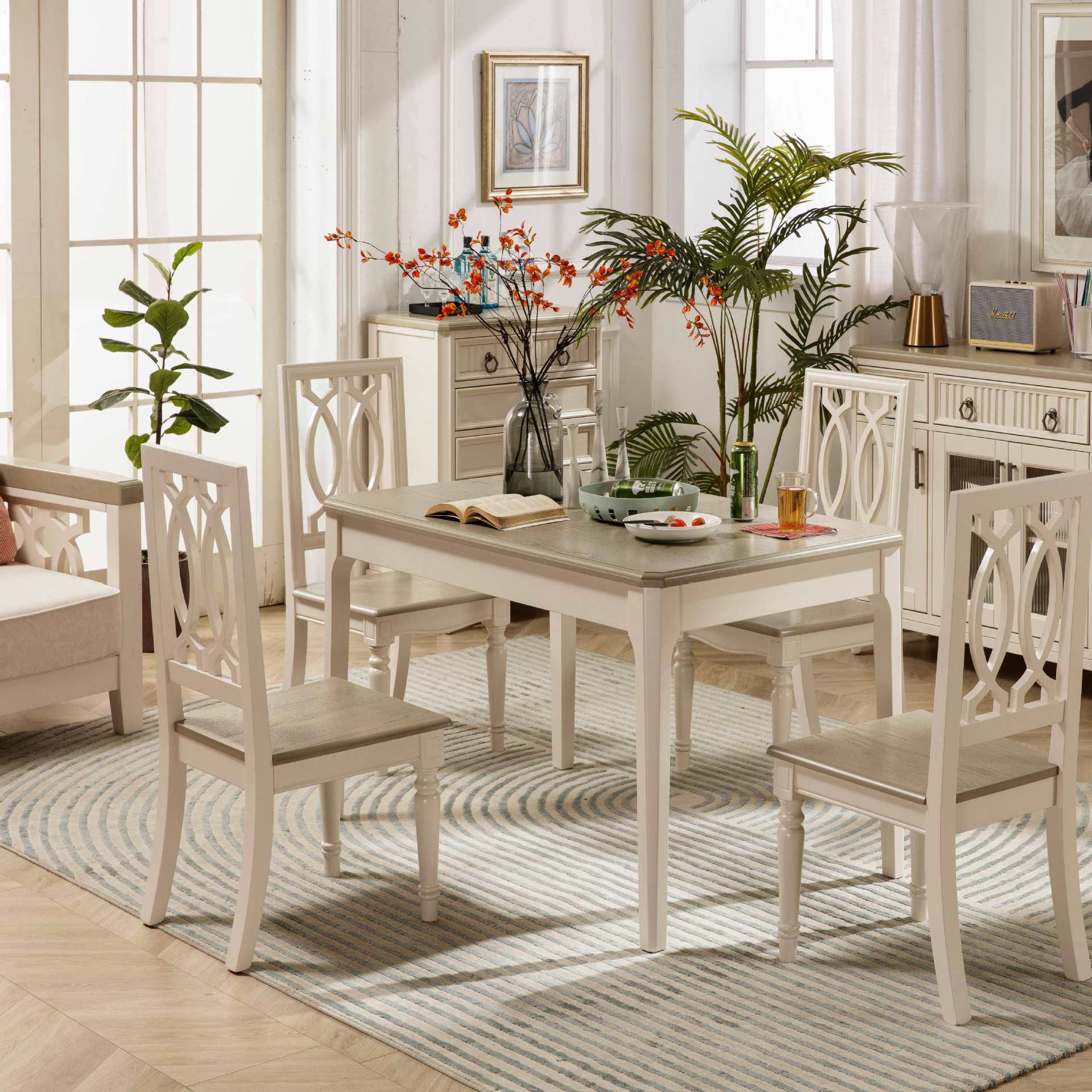 美式餐桌简约地中海一桌四椅组合家具全实木方桌小户型家用吃饭桌