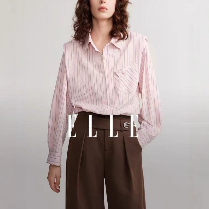 ELLE粉色感正肩条纹气质衬衫女2025春秋季新款上衣轻熟法式小众|undefined