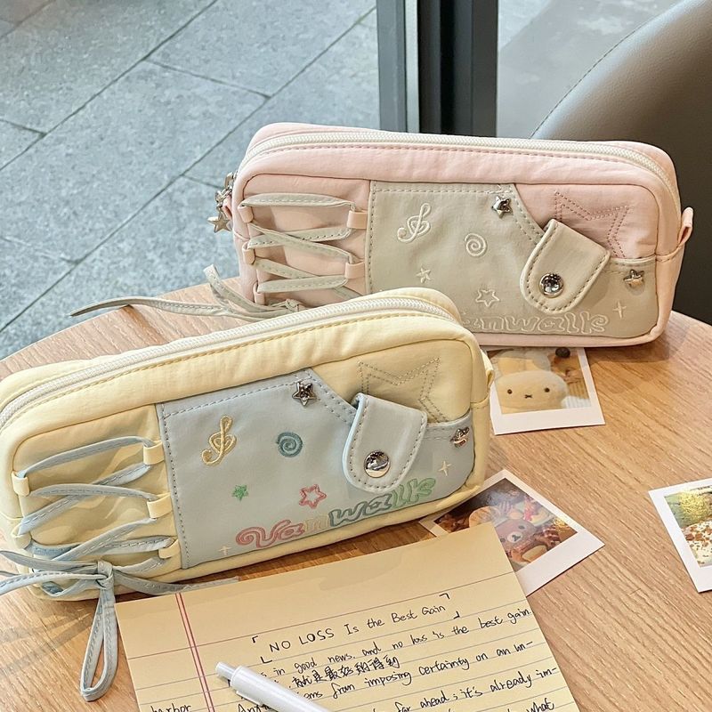 かわいいドーパミンコントラストカラーデニム痛層鉛筆バッグ高価値インスタイル大容量文具バッグ男の子と女の子用|undefined