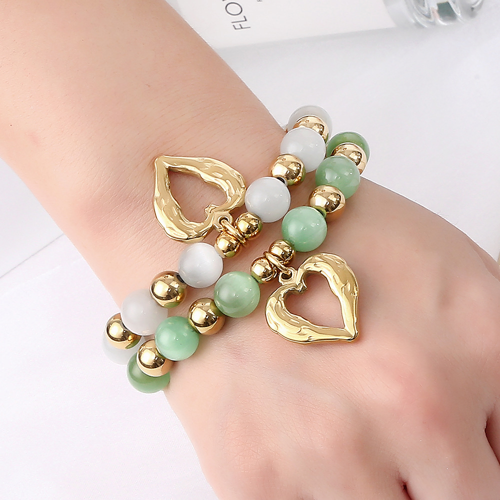 43g Weight Bracelets Classification 304 Stainless Steel Chain Material 1 Piece Quantity Holiday, Daily Occasion 304 Stainless Steel, Cat's Eye Stone Material Heart Shape Pattern Women's Gender Beaded Design Sweet Style Sweet Heart Shape 304 Stainless Steel Cat's Eye Stone Bracelets In Bulk 无
