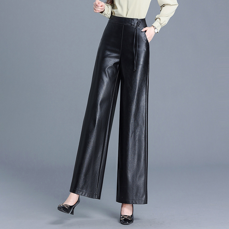 2025秋冬新款中式国风阔腿皮裤女高腰宽松显瘦中年直筒裤休闲裤子