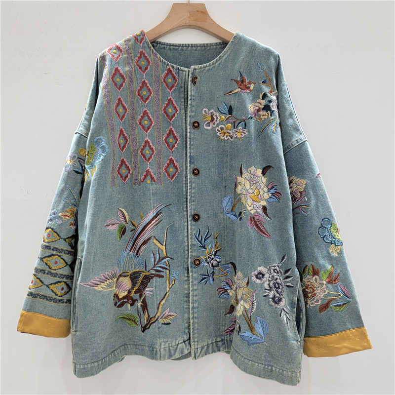 Chaqueta de Mezclilla Desgastada con Bordado, Corte Holgado, para Otoño