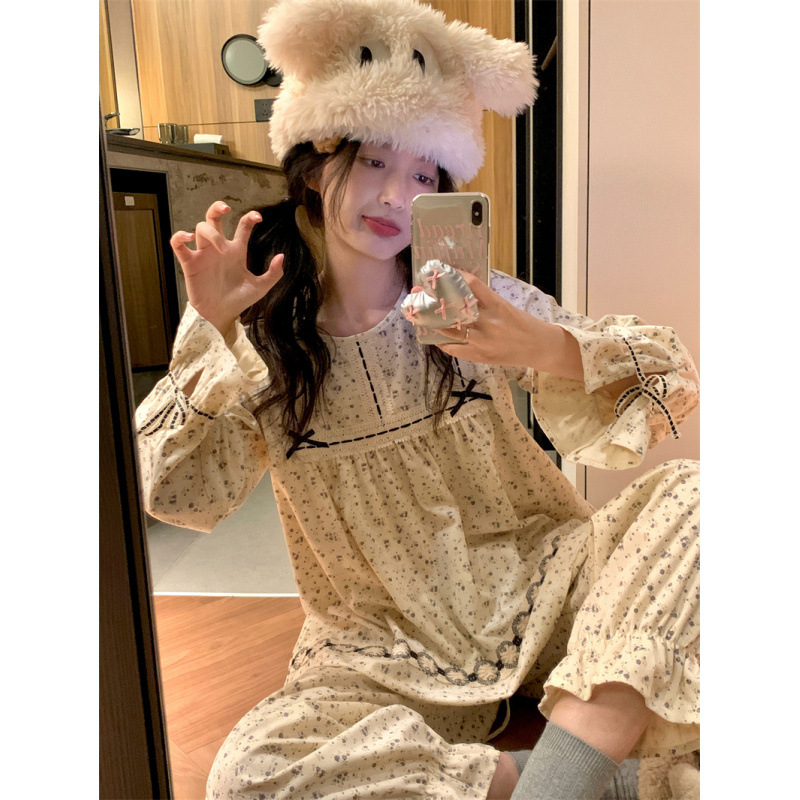 实拍 可爱韩系花边宫廷风碎花灯芯绒家居服睡衣套装