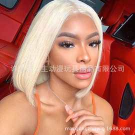 欧美女士中分BOB头化纤发 染色手织前蕾丝浅金色短假发头套