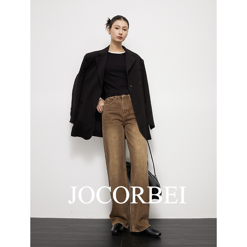 JOCORBEI [Dark Brown Coffee] Wide Leg Jeans Women's Straight Slimming American Casual High Street Vintage Washed