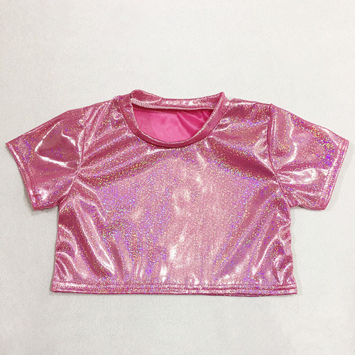 Children girls green pink red blue silver shiny Jazz dance performance short t shirt party street hiphop gogo dancers short sleeved T-shirt round neck elastic top