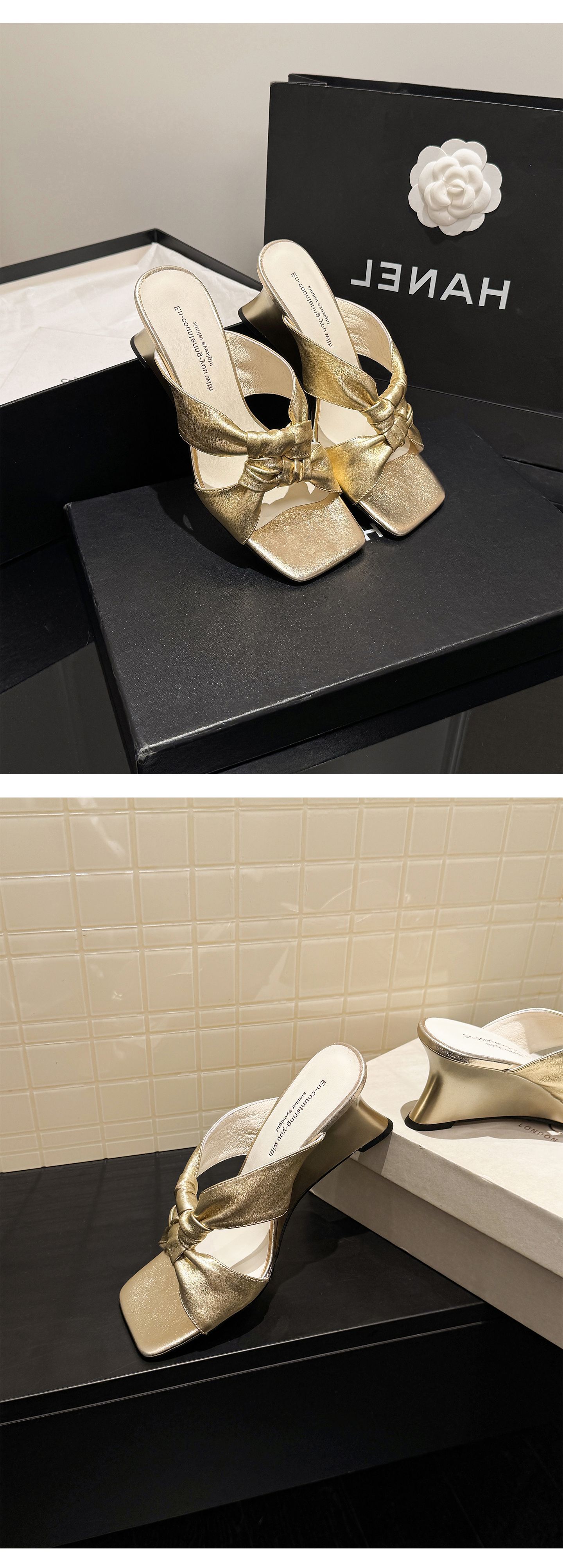 Sandal cao gót nữ mũi vuông hở ngón đế xuồng quai chéo — màu vàng, màu trắng ngà, bạc chi tiết 7