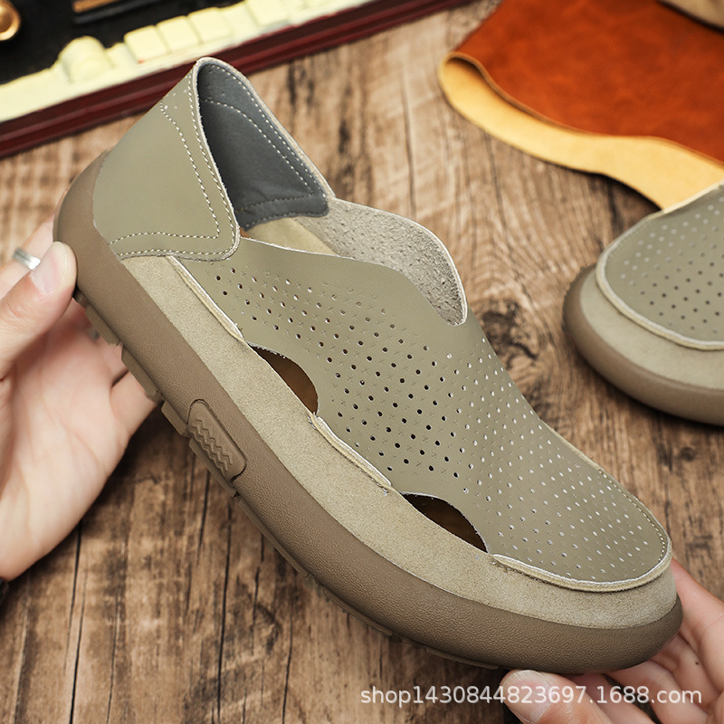 Exported to the USA, men's genuine leather perforated sandals for summer, breathable hollow soft-soled slip-on driving shoes