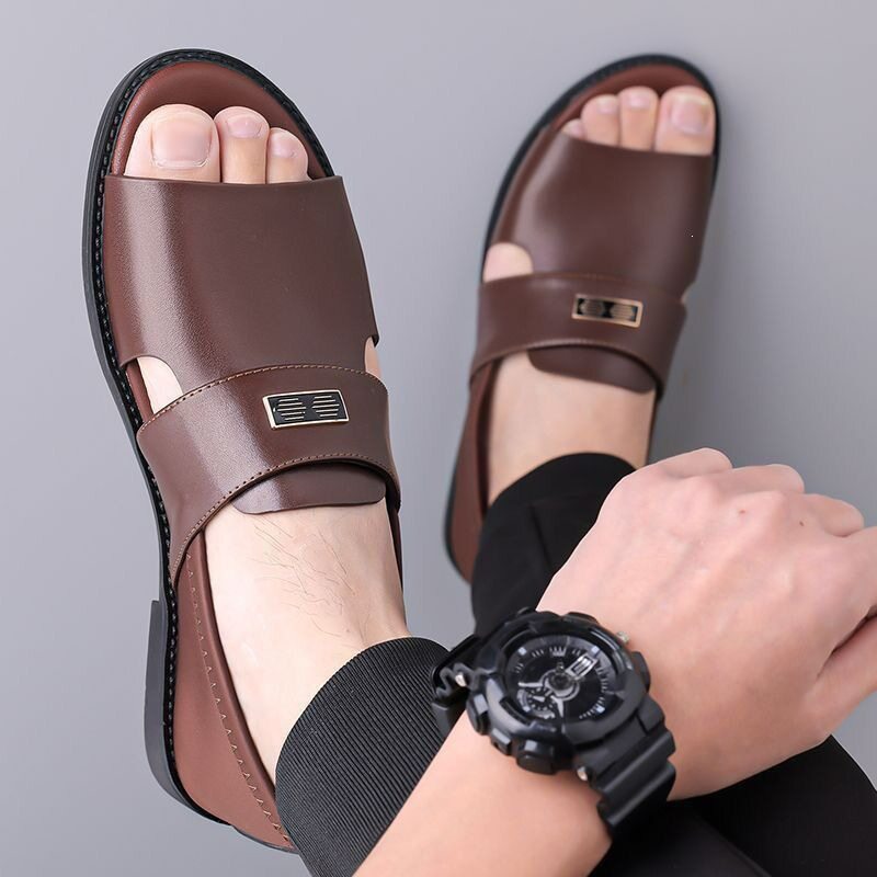 Dép sandal nam quai ngang kiểu La Mã da mềm chống trượt, hở ngón đi biển — Màu nâu , Đen
