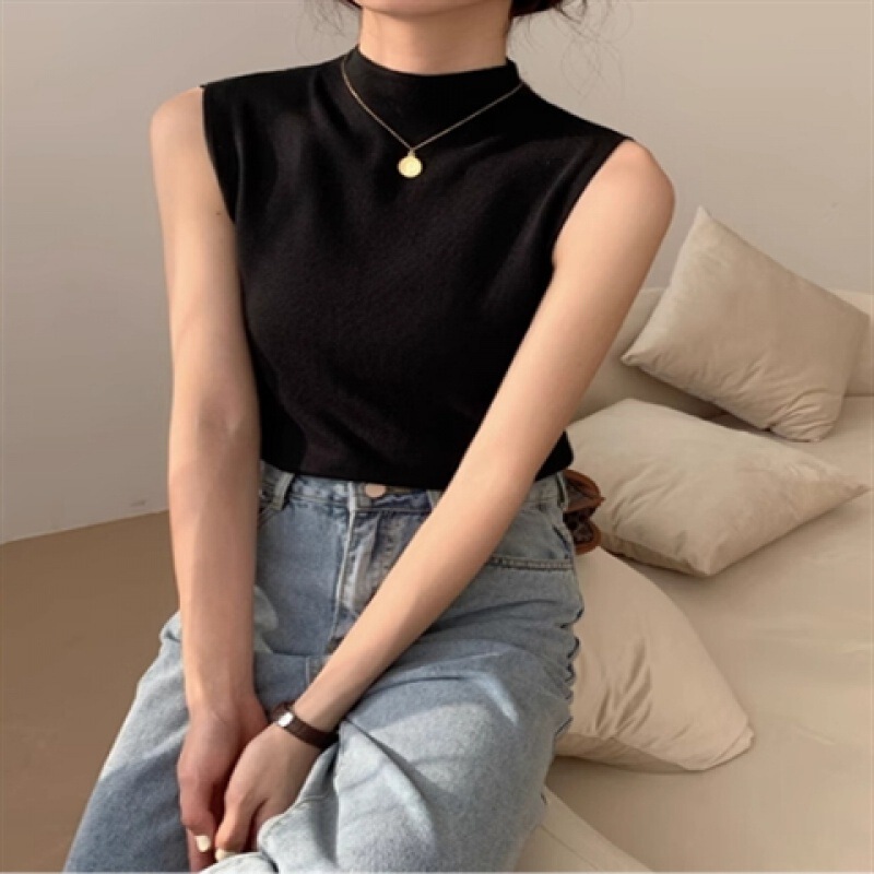 韓国の半高襟のレトロな袖なしのtシャツの上着の夏のメリヤスのベストの女性のスーツの職業の中でカバーをかけます。|undefined