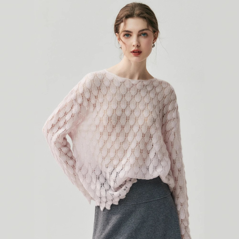 Herbalife Yarn ~ 75% Cashmere 25% Mulberry Silk Thin Knitwear Women's Cut Out One-Neck Loose Knitwear