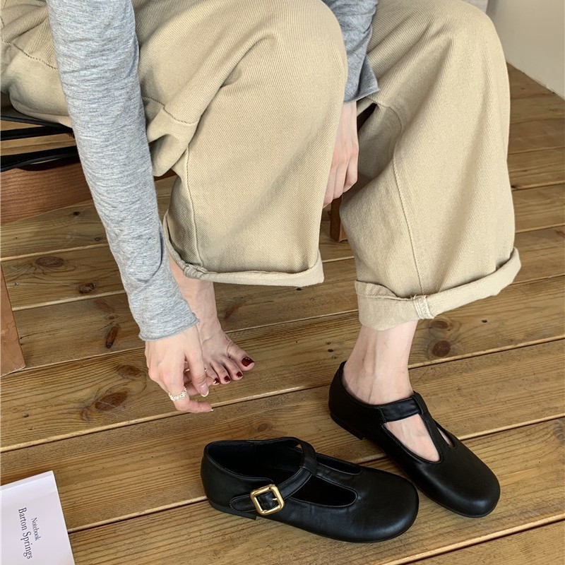牛皮版~复古风平底丁字扣带单鞋女2025新款百搭韩版绒面玛丽珍鞋|undefined