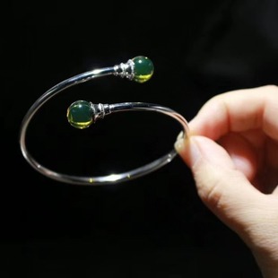 10mm Mexican Blue Amber Inlaid with Italian Imported Hollow Elastic Tube S925 Silver Bracelet, Italian Craftsmanship
