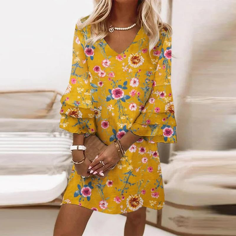 Nuevo estilo transfronterizo europeo y americano Amazon AliExpress Wish estampado fresco con cuello en V 3/4 manga mini vestido de mujer image 39