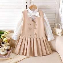 Kids clothing 2025跨境新款欧美春秋女童白色长袖衫+黄色连衣裙