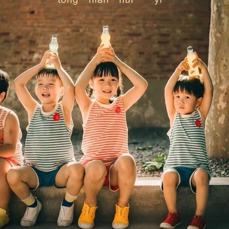 Cotton Era Vest Children's Clothing Summer Boys and Girls Set Retro Sports Shorts 90S Skin-Friendly Cool Striped Children's Wear