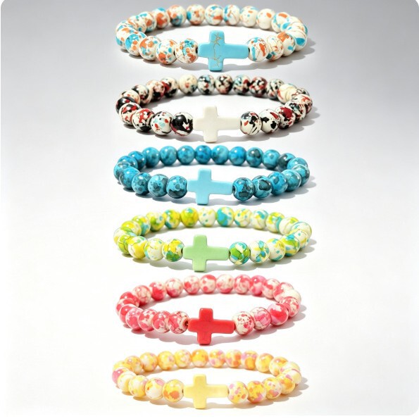 Cross-border best-selling men's cross-shaped colorful imitation turquoise beaded bracelet, special Valentine's Day gift jewelry