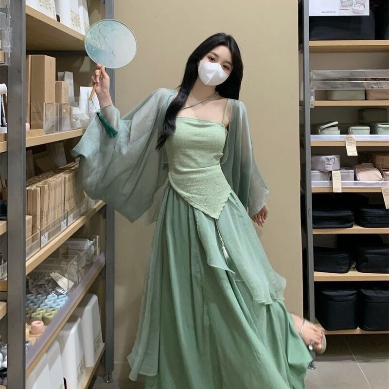New Chinese-Style Women's Clothing, Improved Hanfu with Chinese Elements, Everyday Green Dress for Petite Women, Three-Piece Set New Chinese-Style Women's Clothing, Improved Hanfu with Chinese Elements, Everyday Green Dress for Petite Women, Three-Piece Set