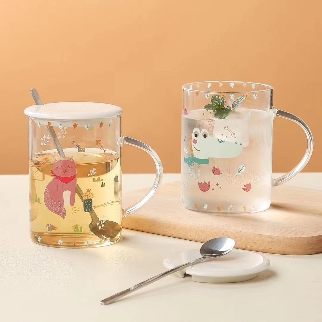 Creativo lindo de alto aspecto vidrio hogar desayuno taza animal mano regalo taza de beber con tapa cuchara taza