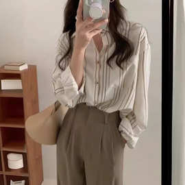 女上衣新 春季气质衬衫长袖众宽松竖条纹