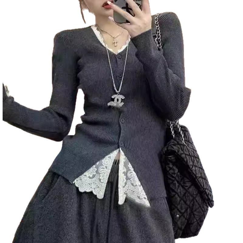 韩系高级感蕾丝拼接长袖T恤女2025秋季新款假两件薄款开衫上衣|undefined