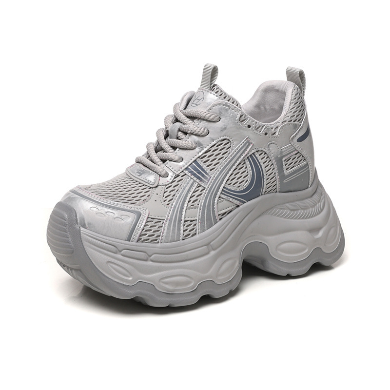 Giày sneaker nữ đế dày chunky phong cách dad sneaker, lưới thoáng khí, tăng chiều cao — màu xám