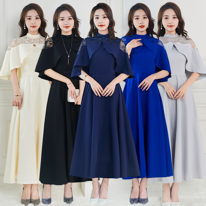 Foreign Trade Aliexpress Japanese and Korean Style Evening Dress Autumn Lace Shawl Dress Elegant Temperament Long Simple Dress
