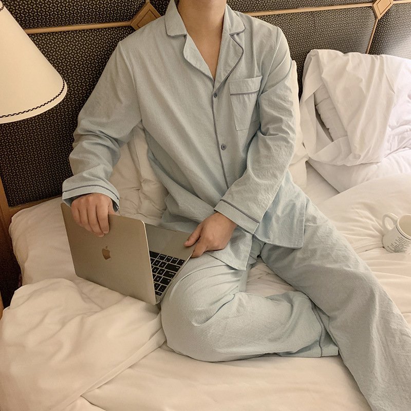 Real Shot#New Product#Men's Comfortable Loose Striped Early Autumn Pajamas Home Clothes Set_Green