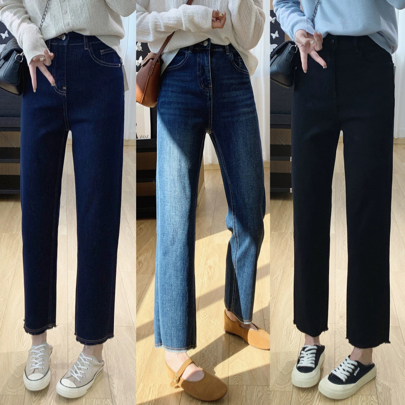 Slimming magic pants! Four-way stretch high-waisted slimming cigarette pants for women, autumn narrow straight-leg jeans with raw hem, baguette pants Slimming magic pants! Four-way stretch high-waisted slimming cigarette pants for women, autumn narrow straight-leg jeans with raw hem, baguette pants