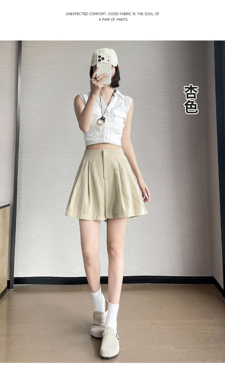 Quần short nữ vải lanh cạp cao ống rộng dáng suông mùa hè — màu đen chi tiết 25