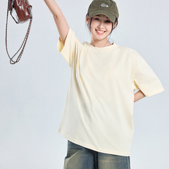 Customize printed LOGO on white basic crew neck short sleeve T-shirt made of 100% cotton, 280g, 32-count double knit, drop shoulder style.