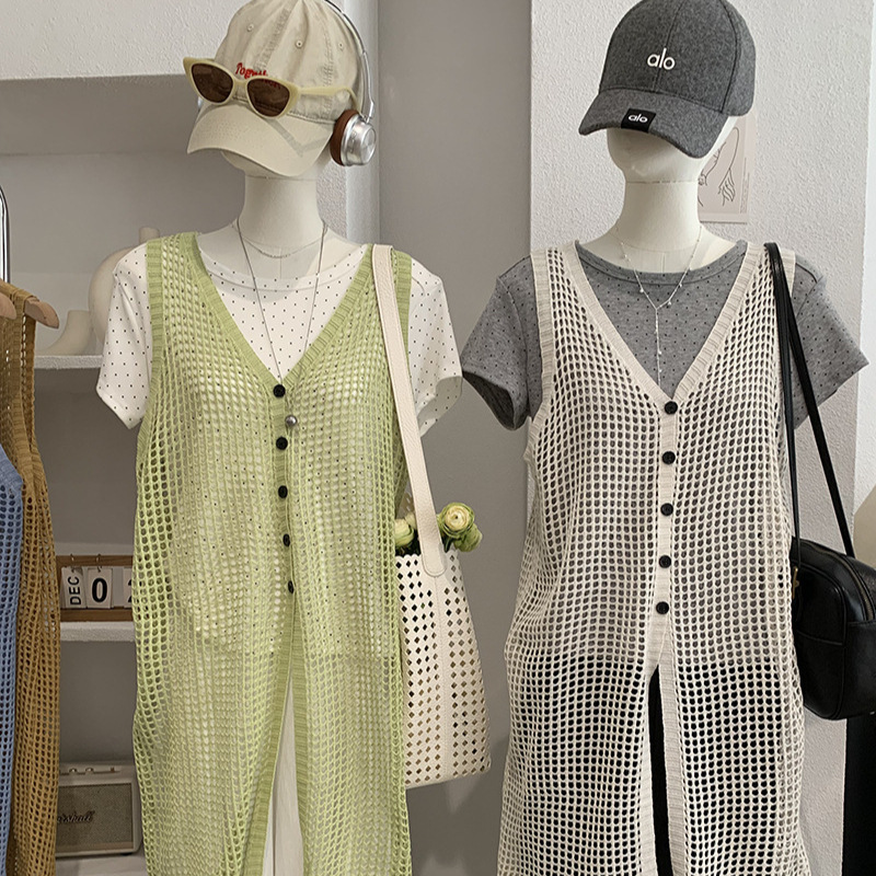 Omalai Hollow Out V-Neck Vest Dress for Women, Summer Mid-Length Single-Breasted Sleeveless Layered Cover-Up Trend 7028 Omalai Hollow Out V-Neck Vest Dress for Women, Summer Mid-Length Single-Breasted Sleeveless Layered Cover-Up Trend 7028