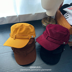韩系复古金属扣平顶帽子女秋冬季灯芯绒百搭鸭舌帽户外马术骑士帽
