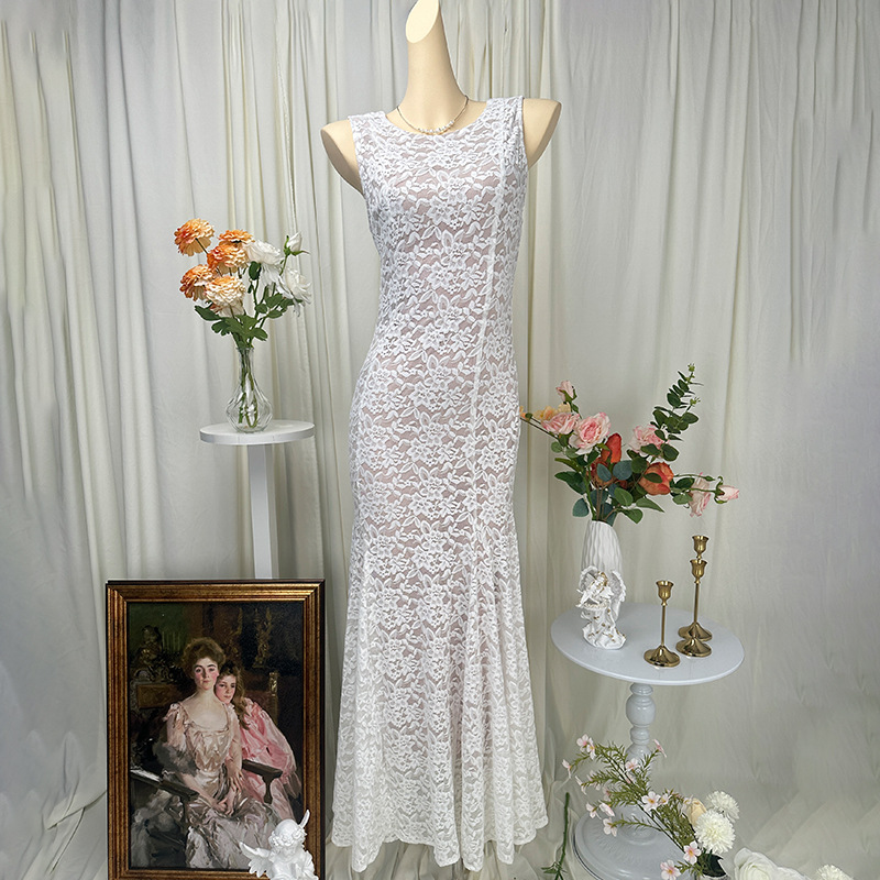 Lace Dress Women's Dress Fishtail Dress Bodycon Dress Evening Gown Toast Dress Multi-Color Pure Desire Style Hollow-Out Sleeveless