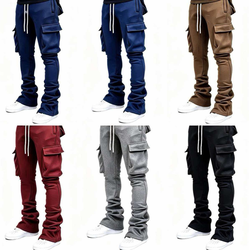 European and American Style Autumn and Winter Men's Solid Color Casual Fleece-Lined Pocket Sweatpants American Streetwear Hip-Hop Set Stacked Pants