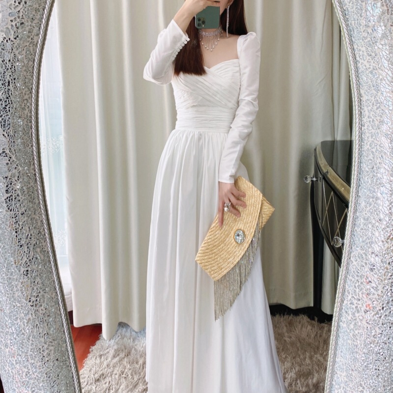 Yang beyond the star with white rich beauty series small sexy high waist long sleeve fairy dress engagement license dress