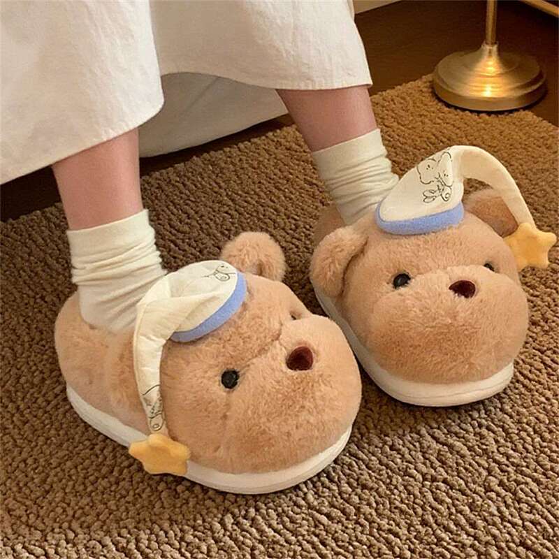 保暖学生冬季新款时尚舒适毛绒绒月子鞋女可爱睡帽小熊居家棉拖鞋|undefined
