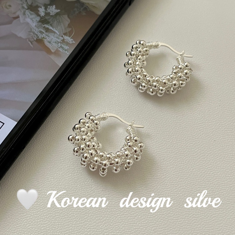 韓版東大門重工亮銀耳飾 S925純銀法式設計串珠豆豆耳扣小眾女款