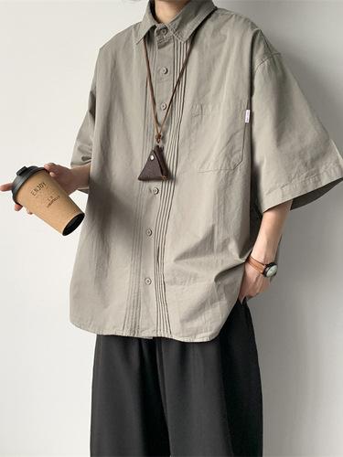 Japanese retro silhouette short-sleeve shirt men's summer oversize fashion brand tooling casual pleated half-sleeve coat