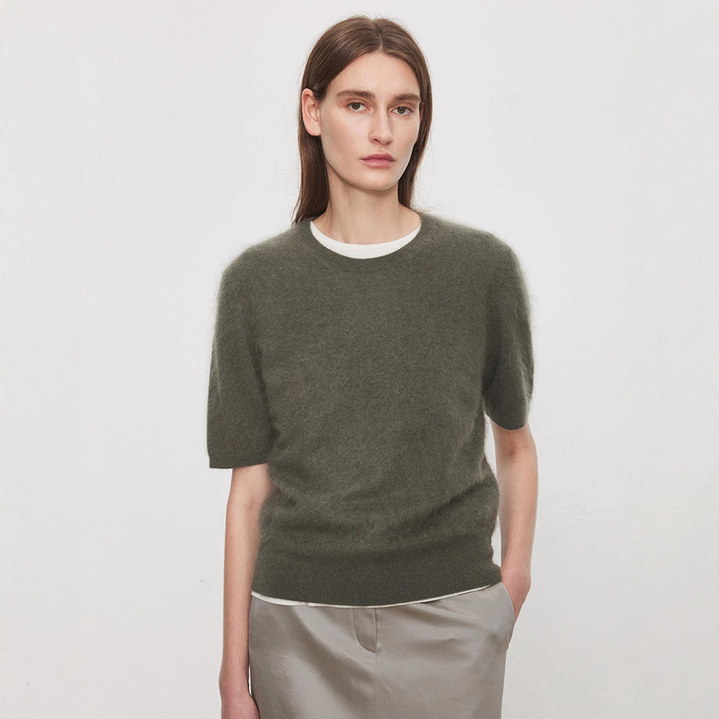 Th~Row Luxurious Soft Marshmallow Dense Velvet Silk Cashmere Brushed Yarn Classic Round Neck Short-Sleeved Top Th~Row Luxurious Soft Marshmallow Dense Velvet Silk Cashmere Brushed Yarn Classic Round Neck Short-Sleeved Top