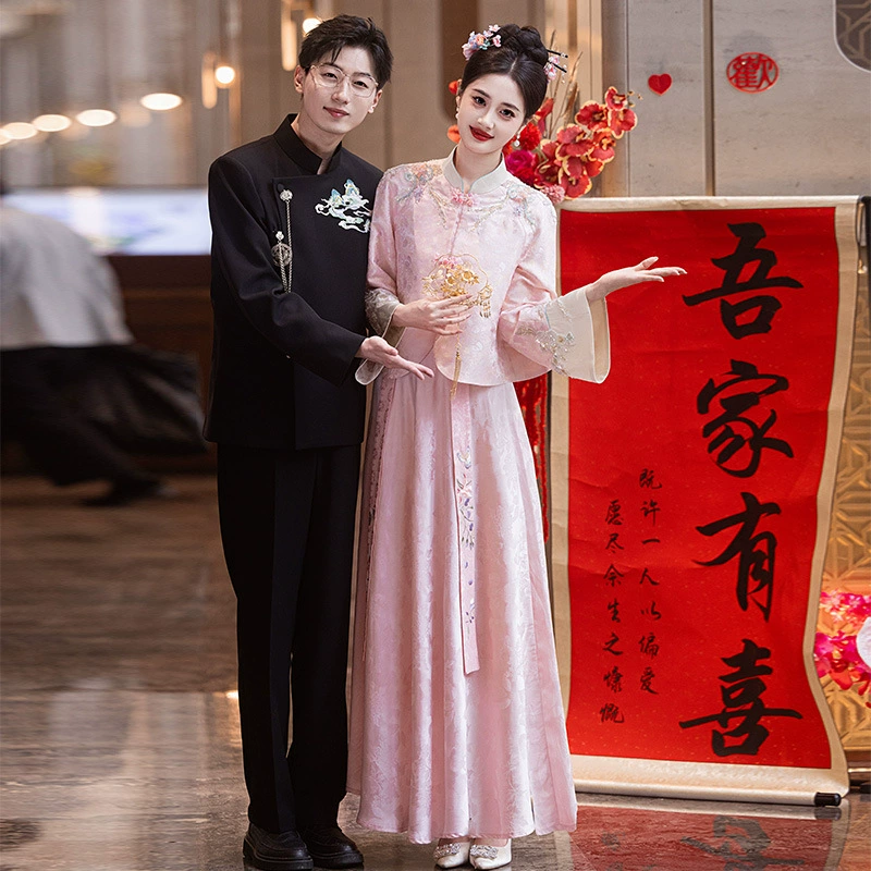 Новинка 2025: комплект в китайском стиле — розовое платье для помолвки, женское свадебное платье, улучшенный чонсам, подходит для повседневной носки