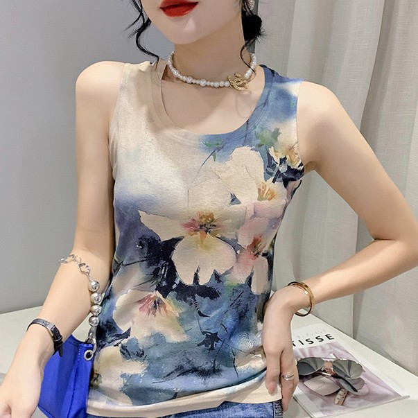 中国风水墨印花圆领无袖背心微胖大码高弹力无袖坎肩文艺青年森系