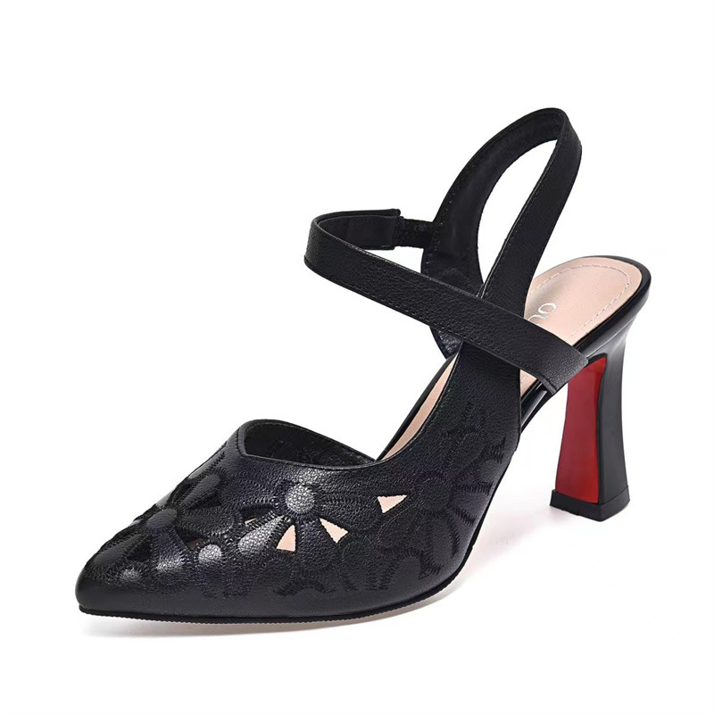 Sandal nữ cao gót hở mũi thêu rỗng quai mắt cá chân da thật gót 5 cm — Màu trắng nhạt【5cm chiều cao gót chân】 chi tiết 10