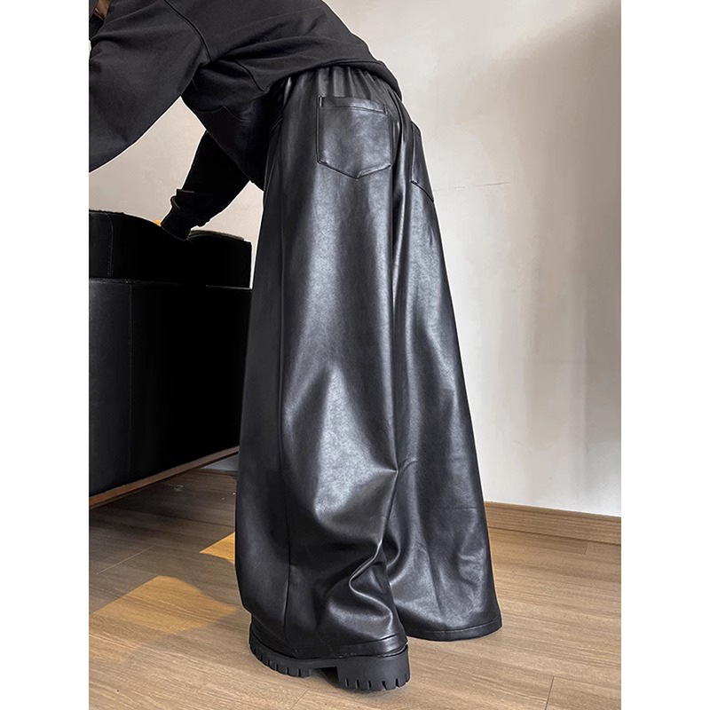 American-Style Motorcycle Pu Leather Pants for Men, 2026 Spring and Autumn Trendy Brand Loose Straight Wide-Leg Pants with Unique Design Casual Pants