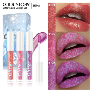Pearlescent Lip Gloss Diamond Shine Solid Color Lip Glaze Long-Lasting Waterproof Liquid Glitter Lipstick Cross-Border Makeup Set