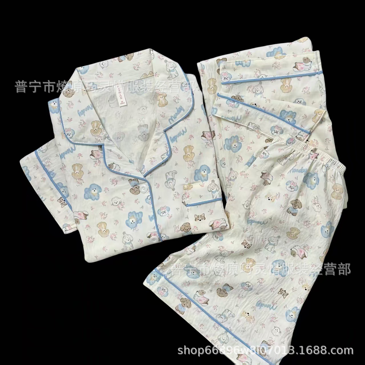 Pajamas de tres piezas de torta de oso para mujeres de verano, pantalones de manga corta, nubes de algodón adorable, viento en 2025 nueva ropa para el hogar