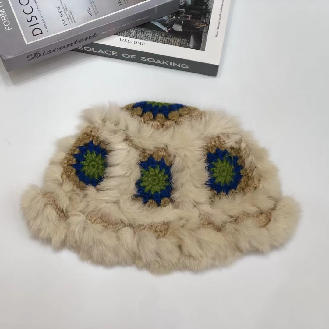 베이지 블루 플라워 라이온 모자