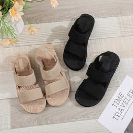 新款舒适坡跟仿麻底女凉鞋外穿休闲夏季时尚学生沙滩拖鞋厂家直供