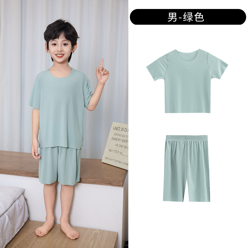 夏の新しい男の子半袖ルーズシームレスアイスシルクホーム服子供のツーピース女の子パジャマセット 01|undefined